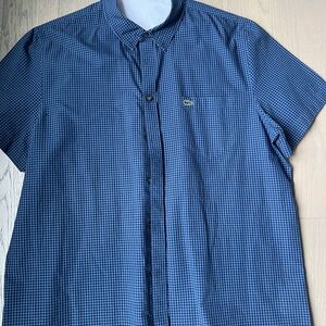 Lacoste Navy and Light Blue Short-Sleeve Check Button-Down Shirt